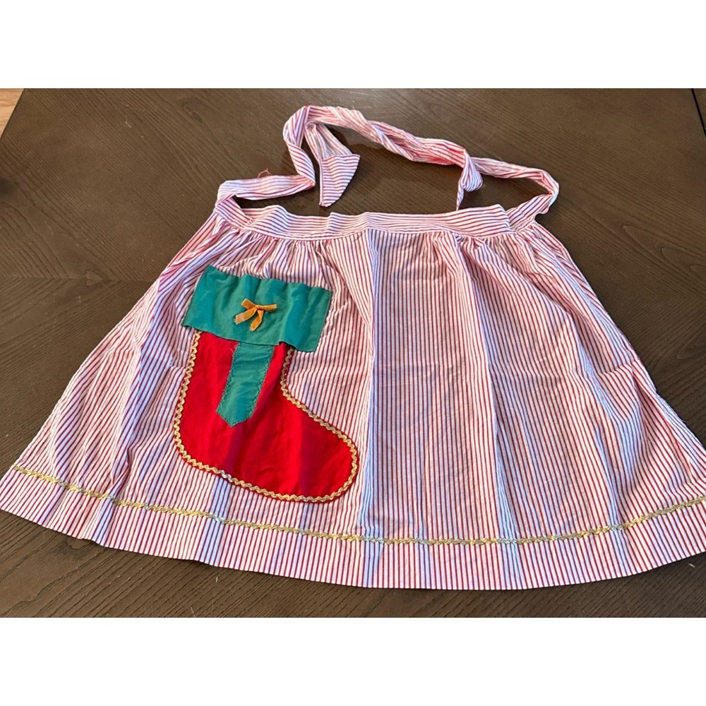 Vintage 1950's‎ Christmas Apron Red Striped Stocking Deep Pocket